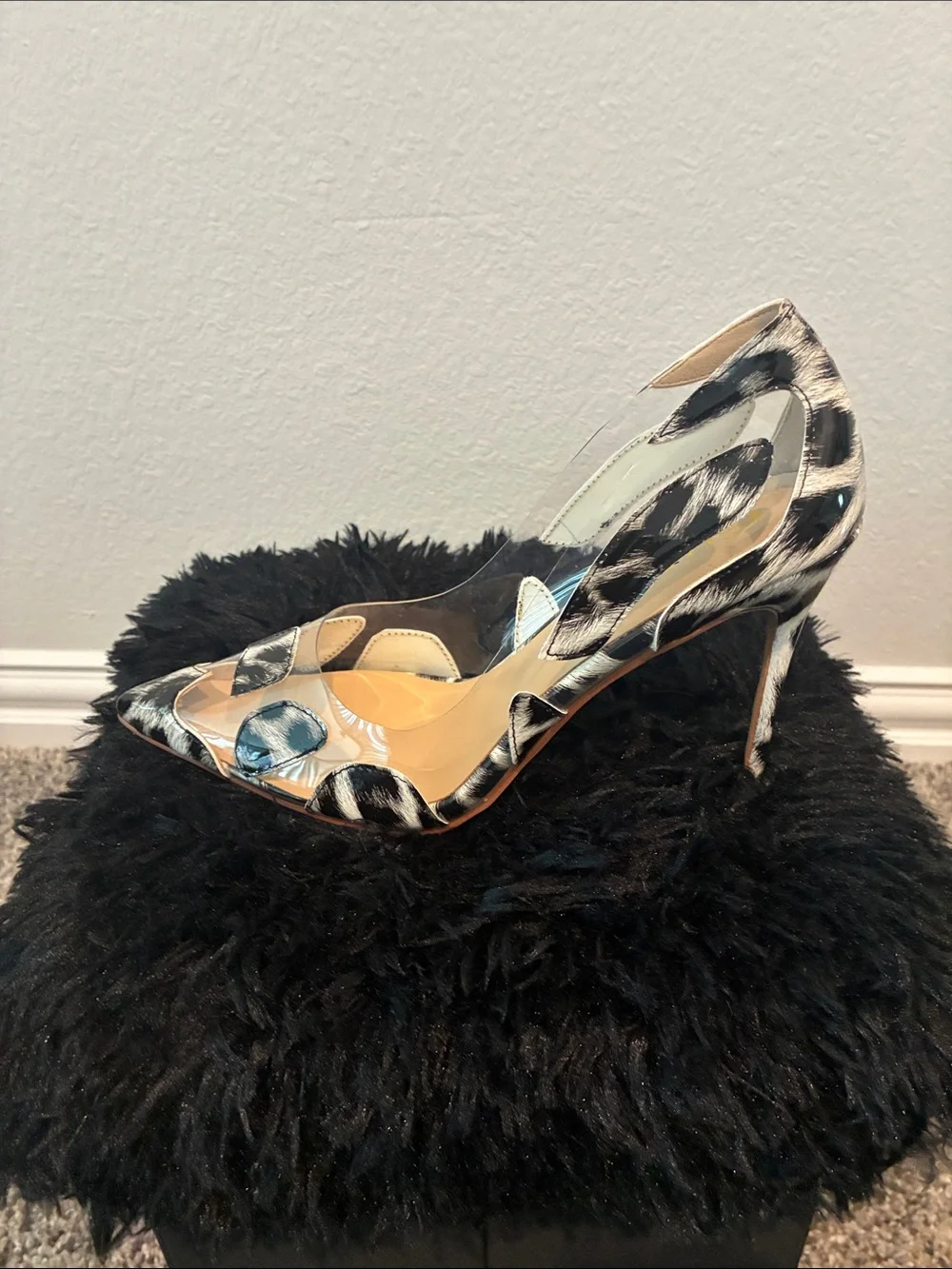Leopard Print Pointed Toe Stiletto Pump in Black and Cream
